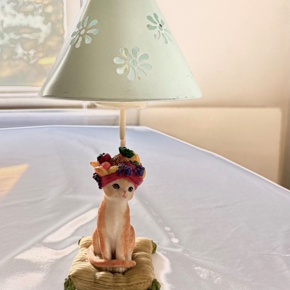 Orange Tabby Cat with Fruit (Carmen Mirandaish) Hat Votive Candle Holder w Shade - Picture 3 of 15